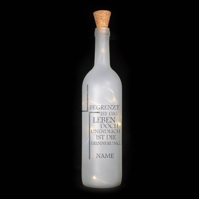 LED-Leuchtflasche, handgefertigt, personalisiert, satiniert mit durchscheinendem Motiv als Geschenk oder Andenken zur Trauer, Jusign