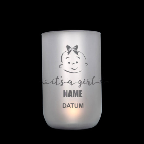 handgefetigtes, satiniertes Windlicht/Vase mit Motiv zur Geburt, personalisierbar, Jusign