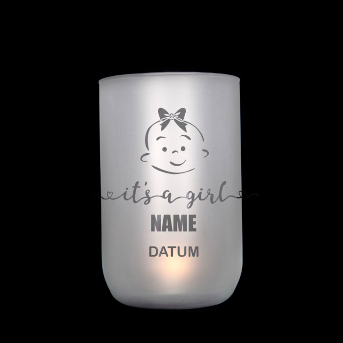handgefetigtes, satiniertes Windlicht/Vase mit Motiv zur Geburt, personalisierbar, Jusign