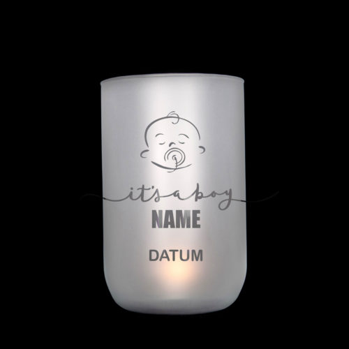handgefetigtes, satiniertes Windlicht/Vase mit Motiv zur Geburt, personalisierbar, Jusign