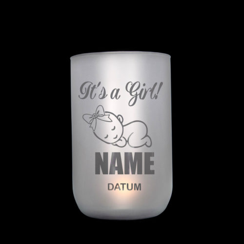 handgefetigtes, satiniertes Windlicht/Vase mit Motiv zur Geburt, personalisierbar, Jusign