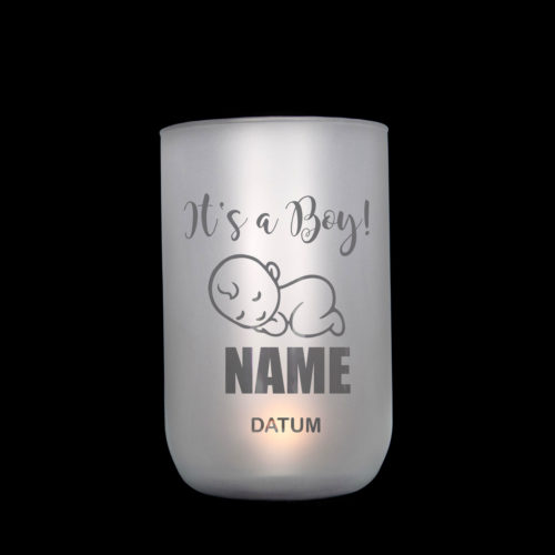 handgefetigtes, satiniertes Windlicht/Vase mit Motiv zur Geburt, personalisierbar, Jusign