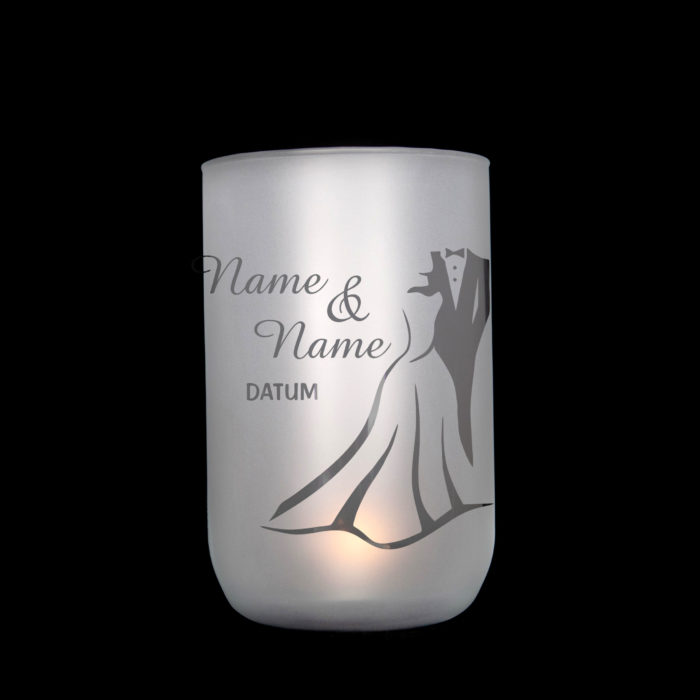 handgefertigtes, satiniertes und personalisiertes Windlicht/Vase als Geschenk zur Hochzeit mit durchscheinendem Motiv, Jusign