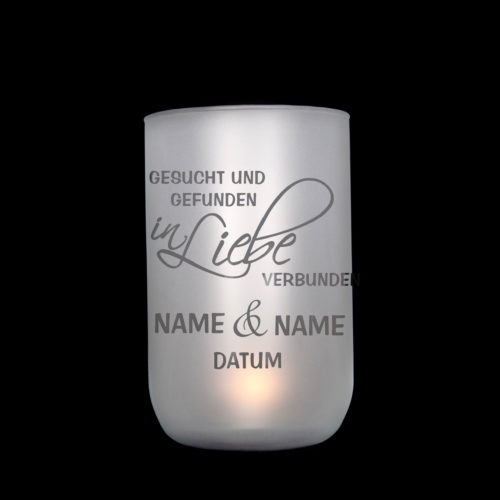 handgefertigtes, satiniertes und personalisiertes Windlicht/Vase als Geschenk zur Hochzeit mit durchscheinendem Motiv, Jusign
