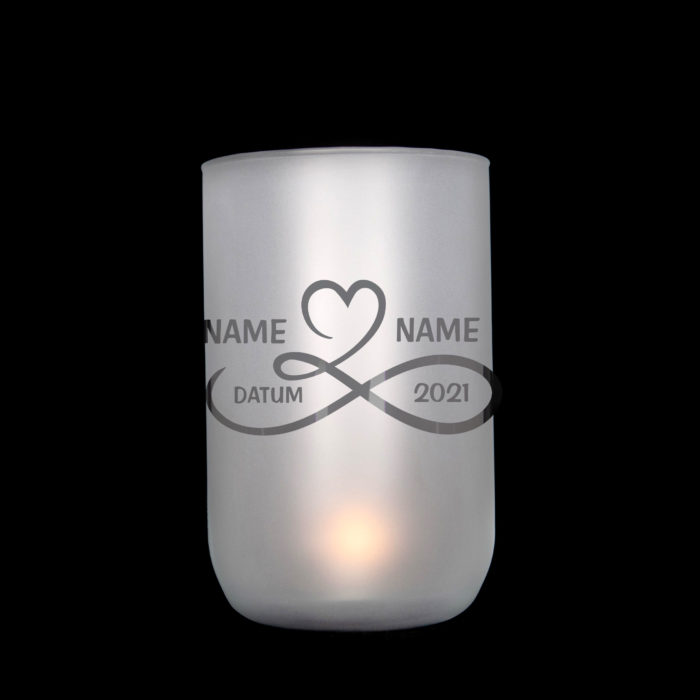 handgefertigtes, satiniertes und personalisiertes Windlicht/Vase als Geschenk zur Hochzeit mit durchscheinendem Motiv, Jusign