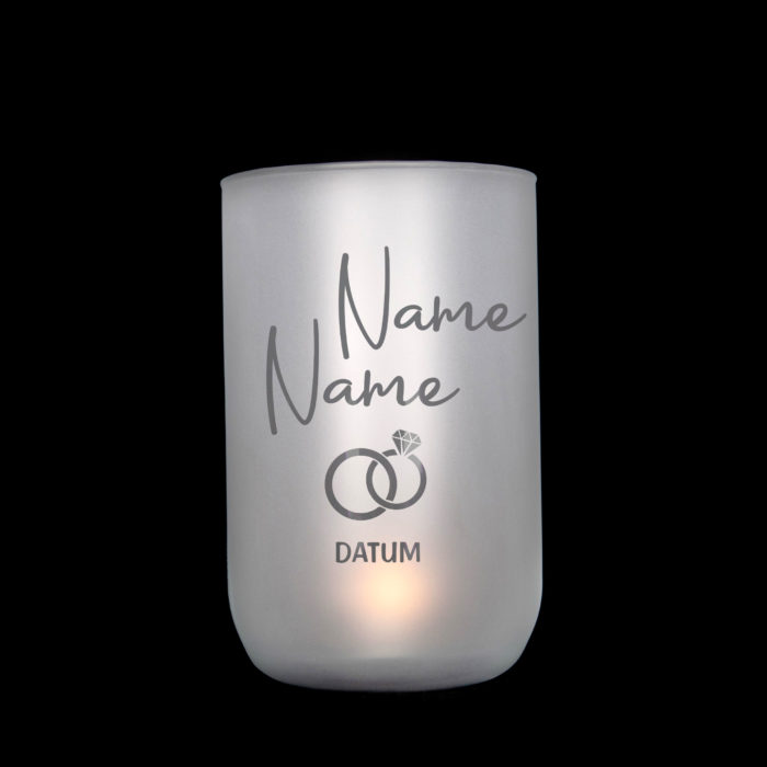 handgefertigtes, satiniertes und personalisiertes Windlicht/Vase als Geschenk zur Hochzeit mit durchscheinendem Motiv, Jusign