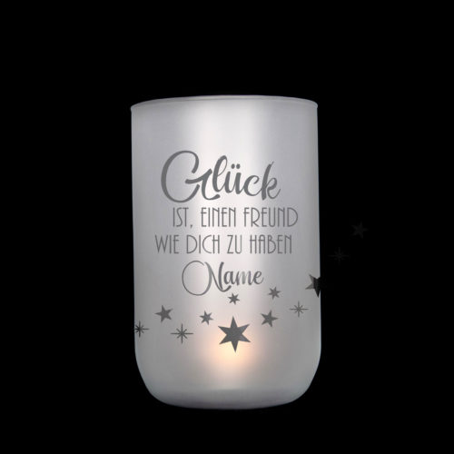 Windlicht/Vase handgefertigt, personalisiert, satiniert mit durchscheinendem Motiv Freundschaft als Geschenk oder Dekoration, Jusign
