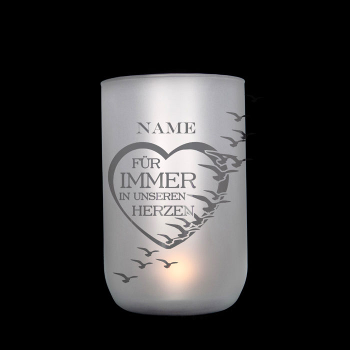 Windlicht/Vase handgefertigt, personalisiert, satiniert mit durchscheinendem Motiv als Geschenk oder Andenken zur Trauer, Jusign