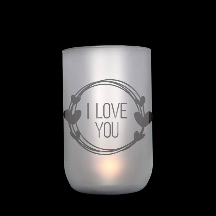 Windlicht/Vase handgefertigt, satiniert mit durchscheinendem Motiv als Geschenk zum Valentinstag, Jusign