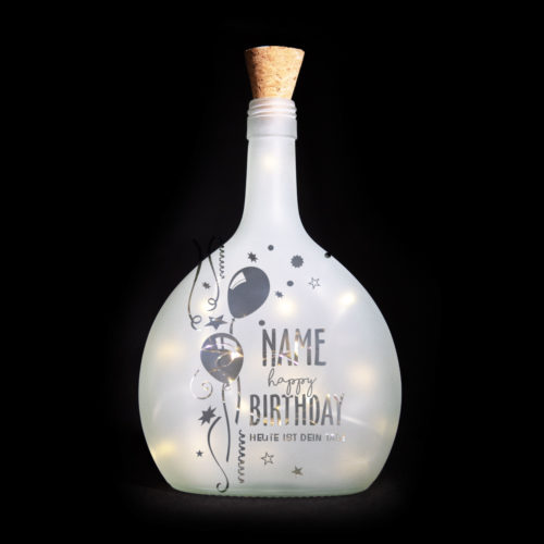 LED-Leuchtflasche, handgefertigt, personalisiert, satiniert mit durchscheinendem Motiv zum Geburtstag als Geschenk, Jusign