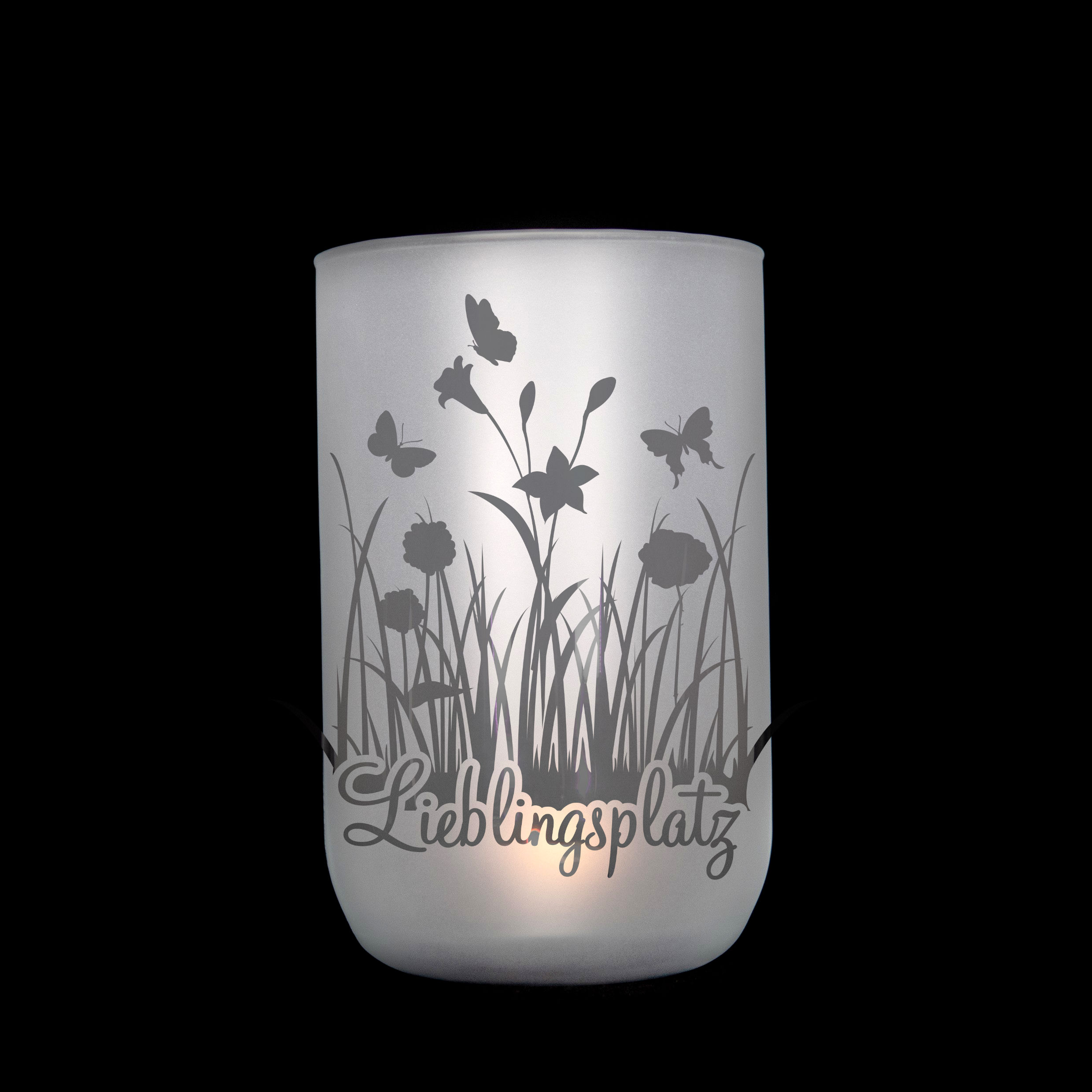 Windlicht/Vase handgefertigt, satiniert mit durchscheinendem Motiv Blumenwiese als Geschenk oder Dekoration, Jusign