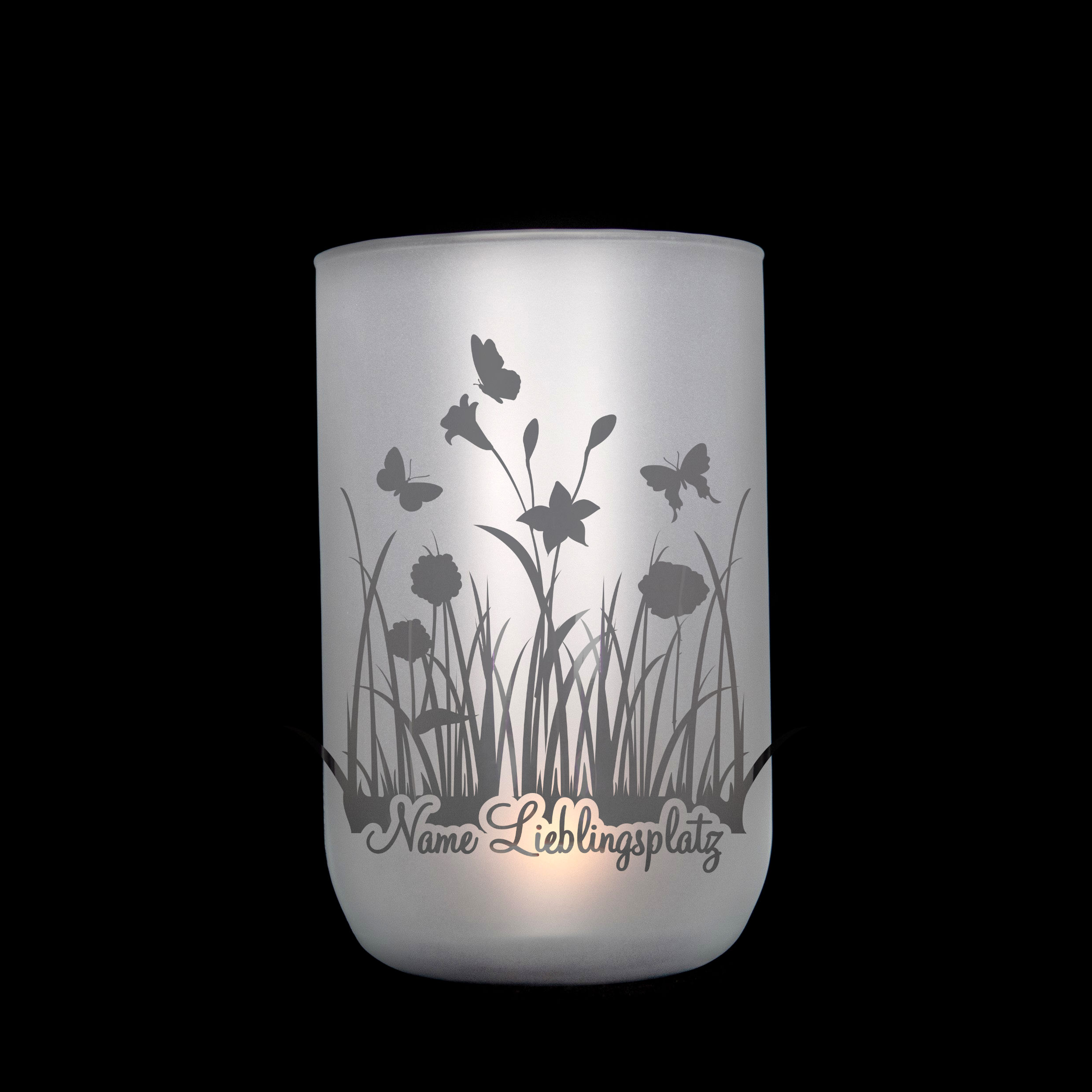 Windlicht/Vase handgefertigt, satiniert mit durchscheinendem Motiv Blumenwiese als Geschenk oder Dekoration, Jusign